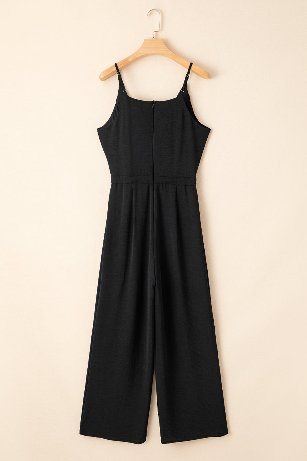 Black Solid Spaghetti Strap Wide Leg Drawstring High Waist Jumpsuit