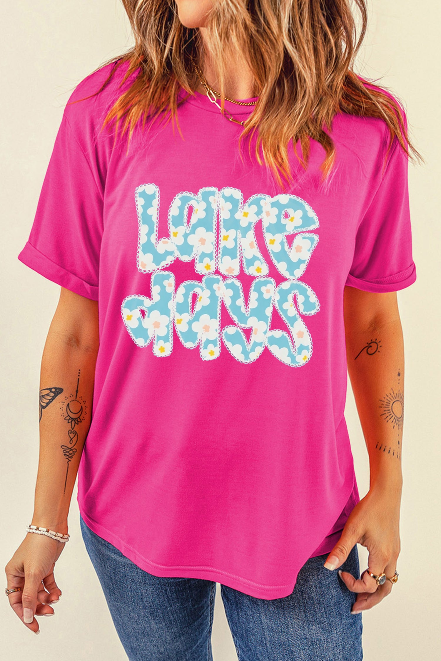 Rose Red LAKE DAYS Floral Lettering T Shirt