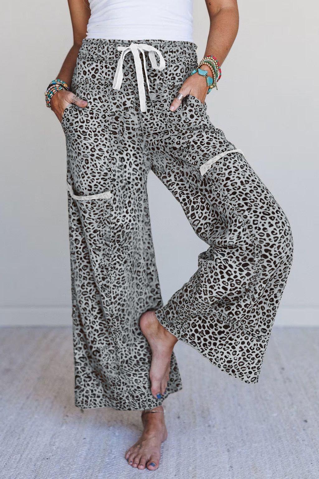 Gray Animal Print Wide Leg Terry Knit Pants