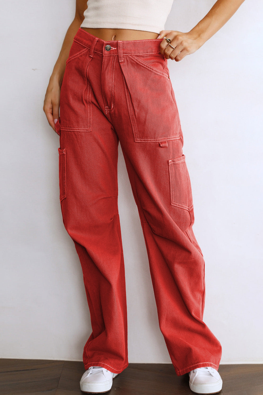 Fiery Red High Waist Straight Leg Cargo Pants with Pockets