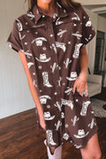 Brown Cowgirl Hats Boots Cactus Print Raw Edge Button Down Short Denim Dress