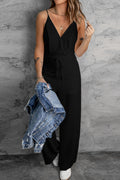 Black Solid Spaghetti Strap Wide Leg Drawstring High Waist Jumpsuit