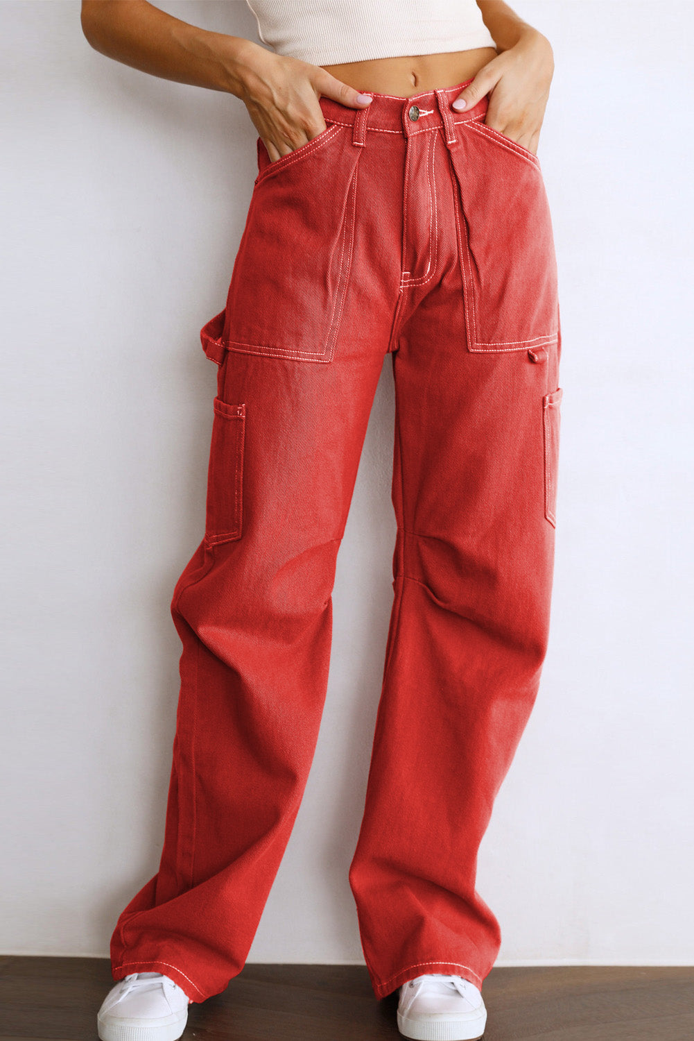Fiery Red High Waist Straight Leg Cargo Pants with Pockets