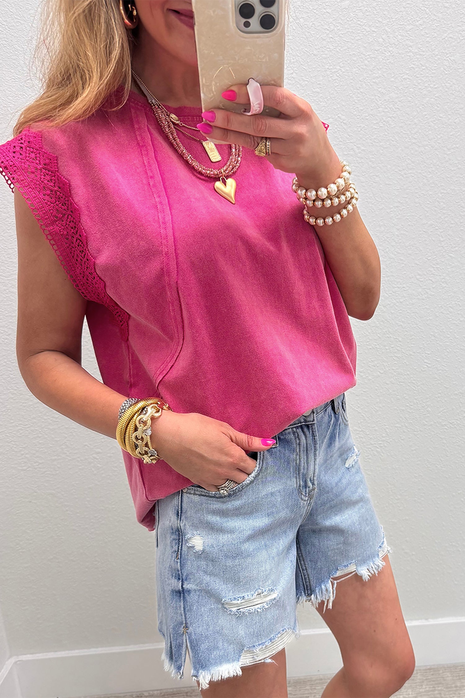 Pink Mineral Wash Raw Seam Detail Lace Trim Cap Sleeve Top