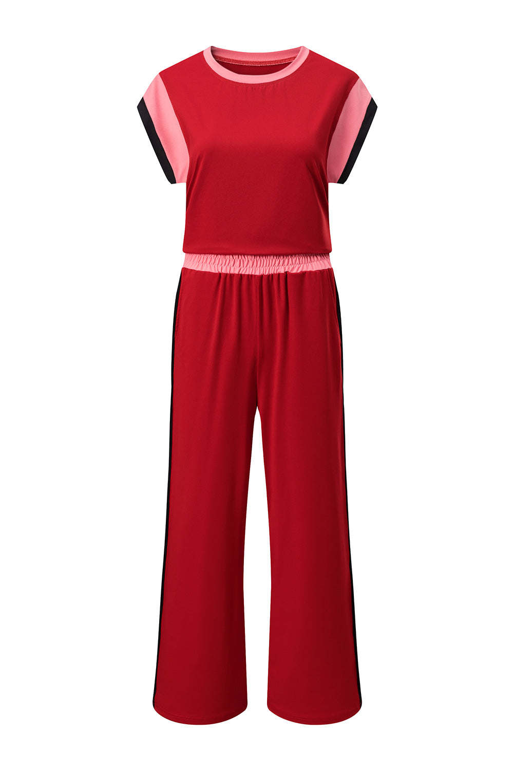 Racing Red Color Block Detail Casual Two-piece Set