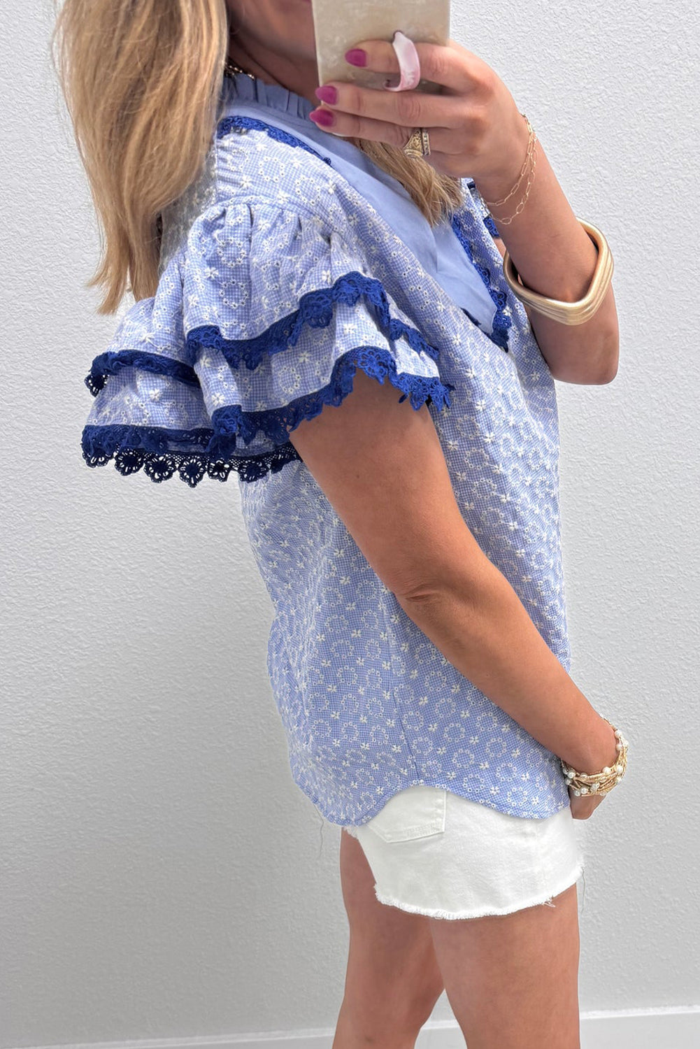 Beau Blue Eyelet Embroidered Flower Texture Contrast Lace Trim Flutter Sleeve Blouse