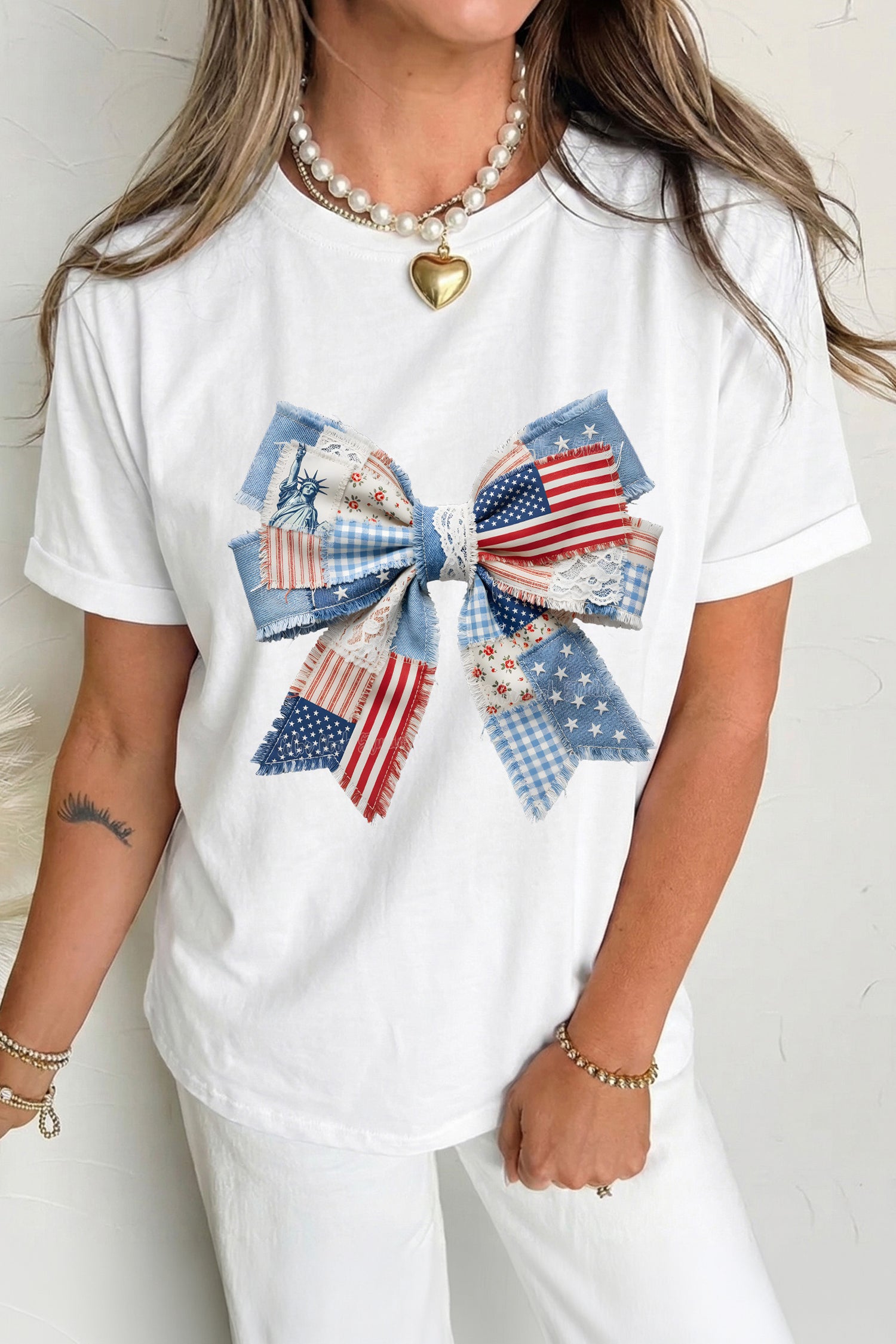 White Patriotic Bow Faux Lace Denim Patchwork Printed T Shirt