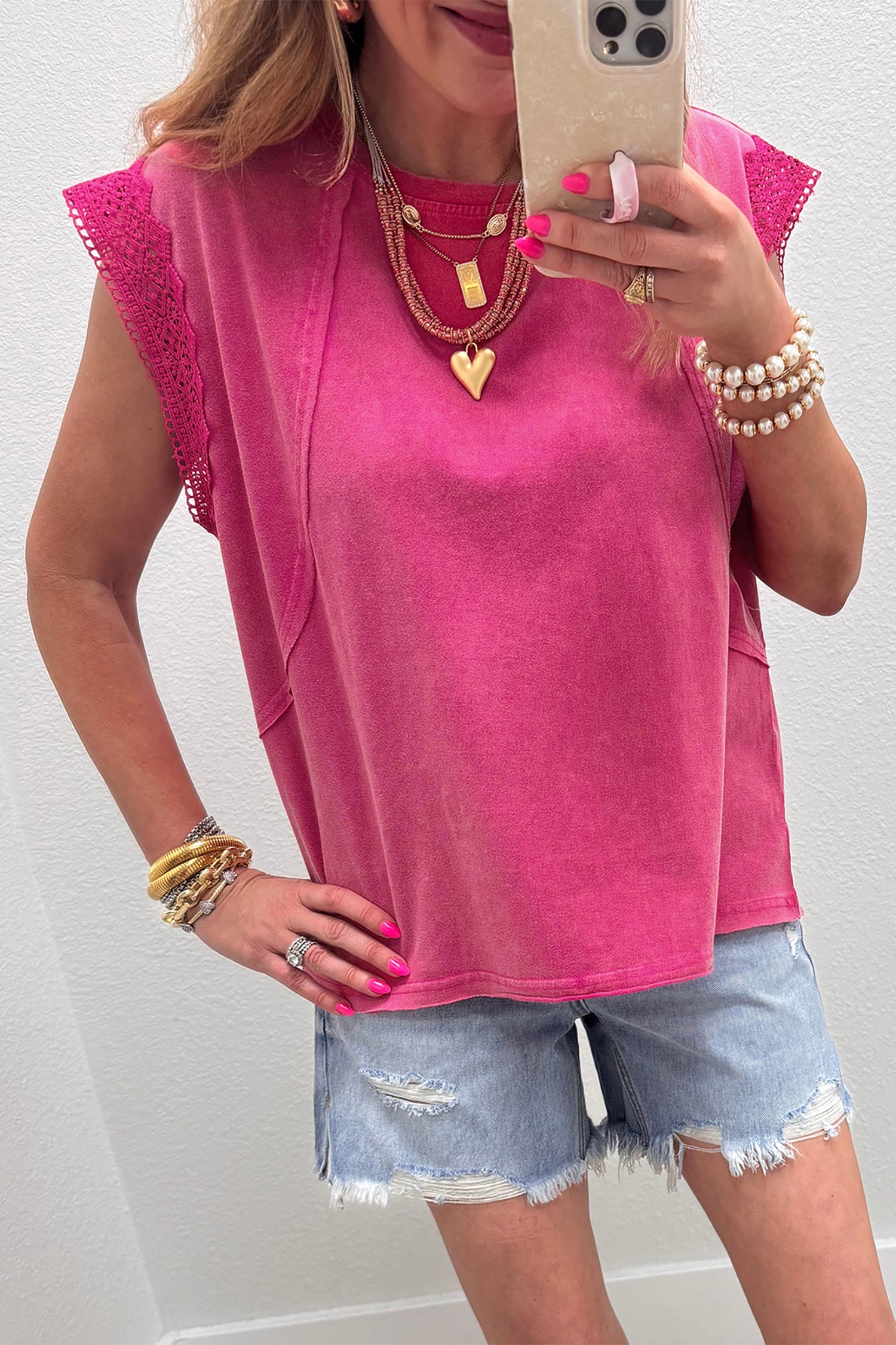 Pink Mineral Wash Raw Seam Detail Lace Trim Cap Sleeve Top