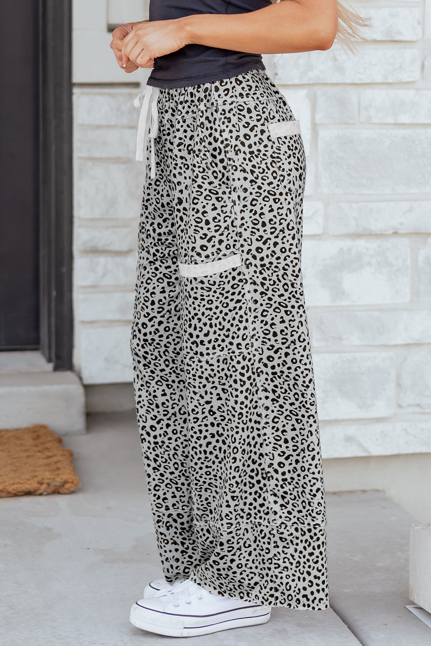 Gray Animal Print Wide Leg Terry Knit Pants