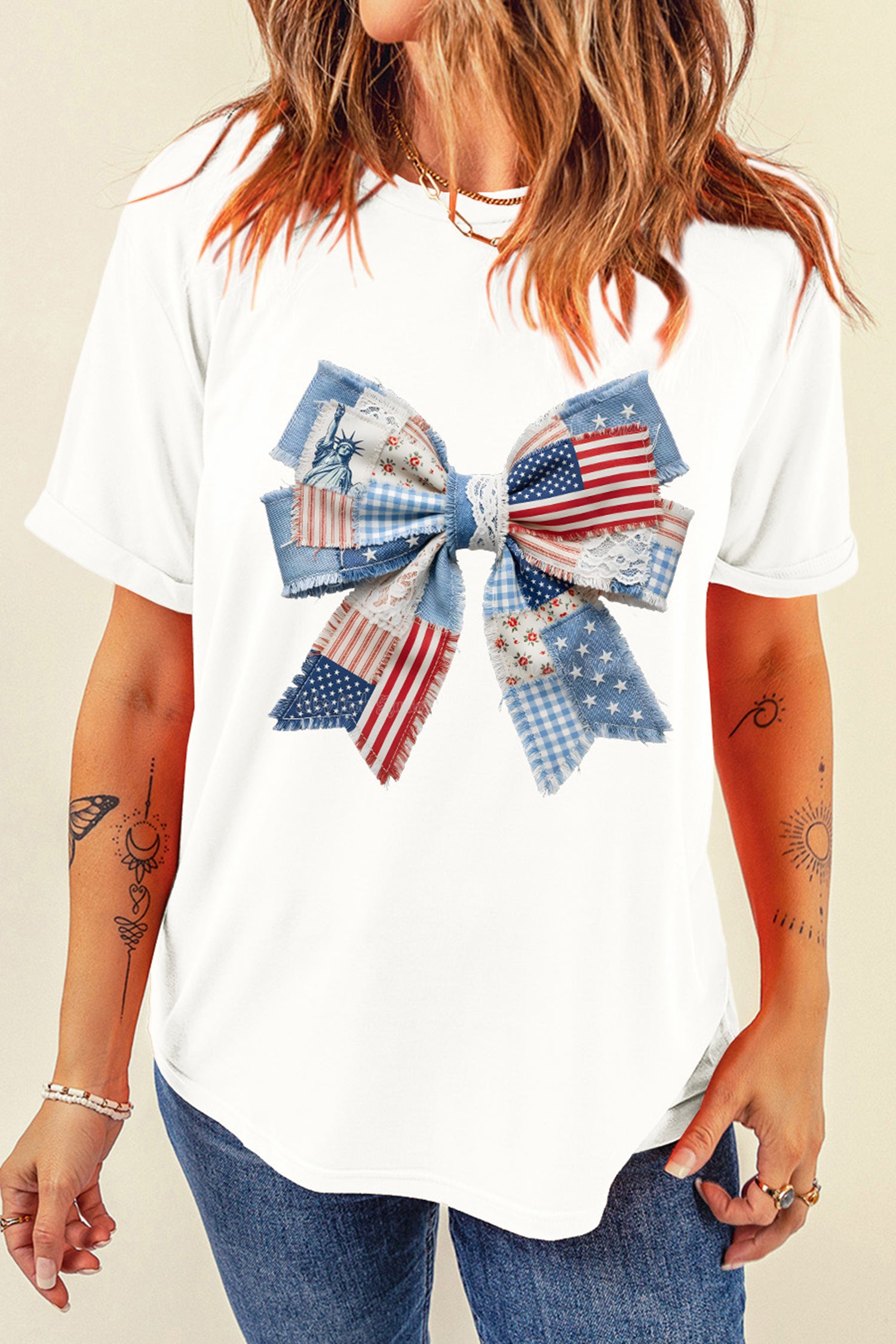 White Patriotic Bow Faux Lace Denim Patchwork Printed T Shirt