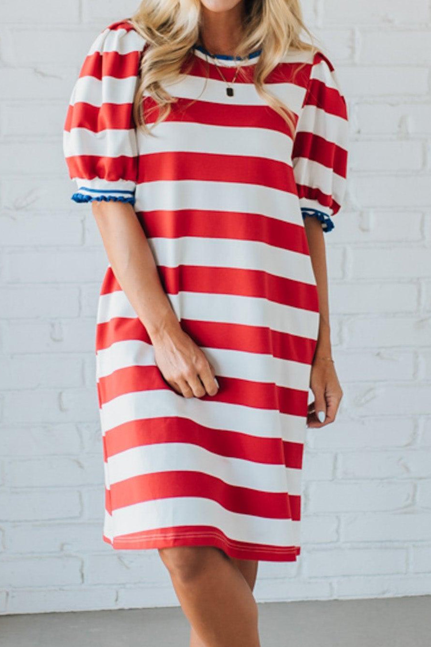 Red Stripe Contrast Trim Round Neck Short Puff Sleeve Shift Mini Dress