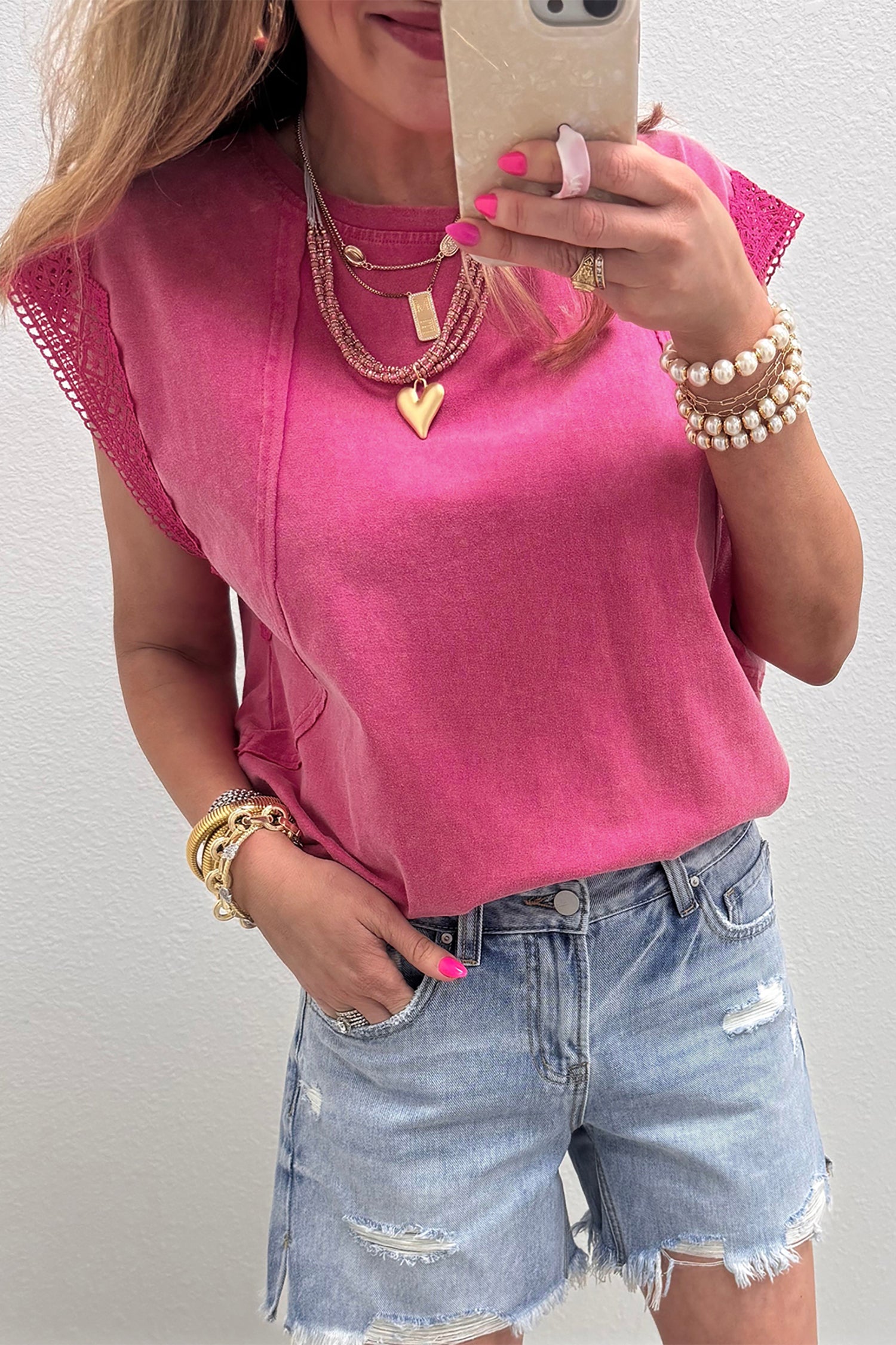 Pink Mineral Wash Raw Seam Detail Lace Trim Cap Sleeve Top