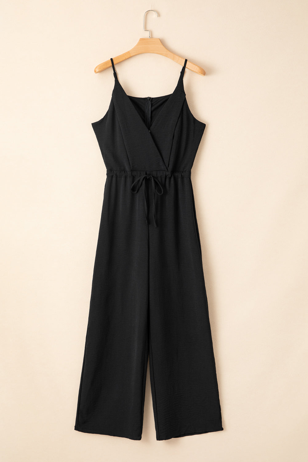 Black Solid Spaghetti Strap Wide Leg Drawstring High Waist Jumpsuit