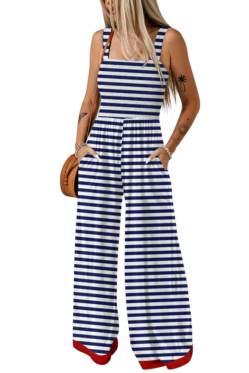 Blue Stripe Square Neck Shirred Wide Leg Jumpsuit
