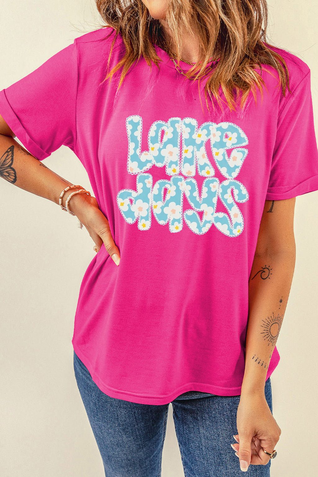 Rose Red LAKE DAYS Floral Lettering T Shirt