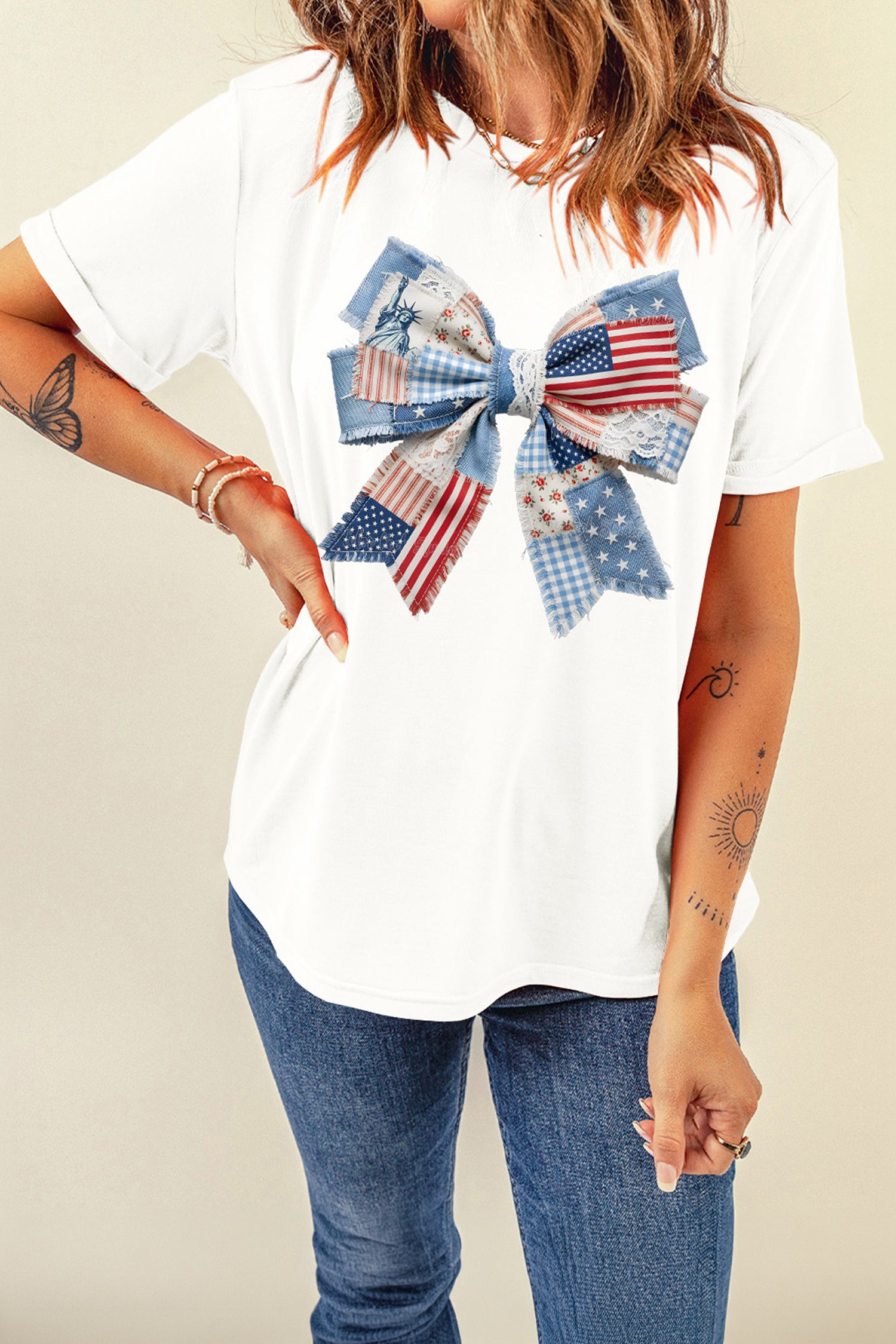 White Patriotic Bow Faux Lace Denim Patchwork Printed T Shirt