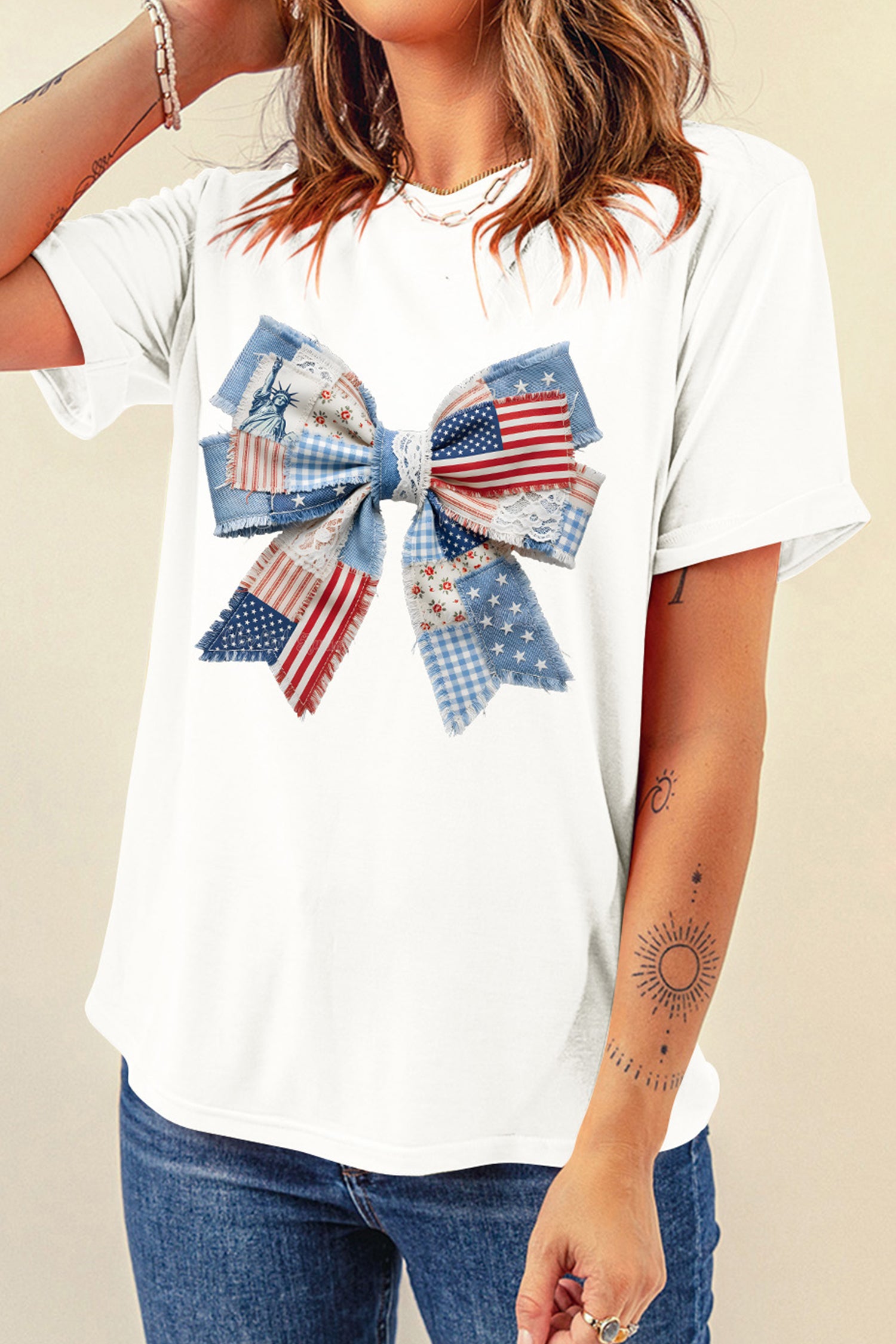White Patriotic Bow Faux Lace Denim Patchwork Printed T Shirt