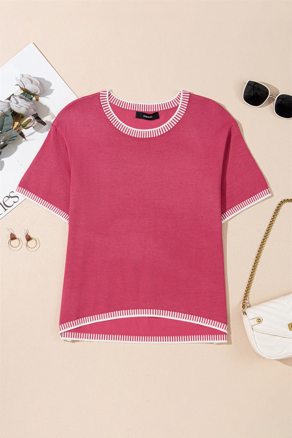 Rose Red Contrast Striped Trim Round Neck Half Sleeve Sweater