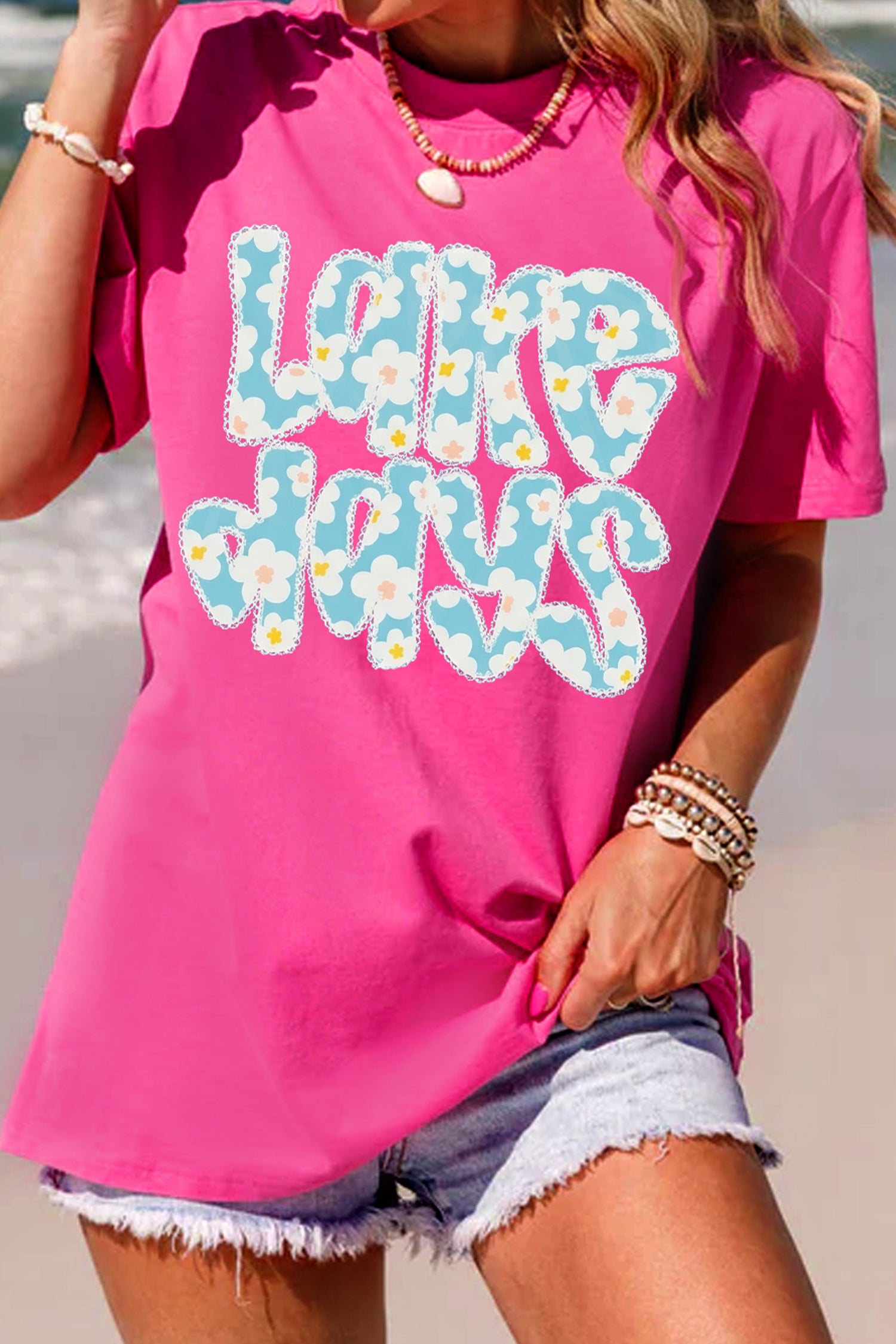 Rose Red LAKE DAYS Floral Lettering T Shirt