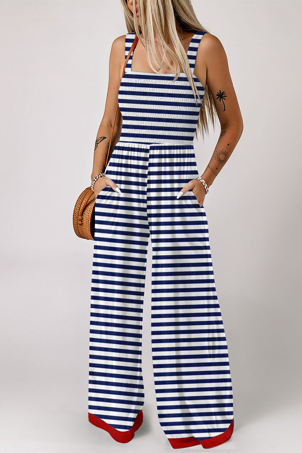 Blue Stripe Square Neck Shirred Wide Leg Jumpsuit