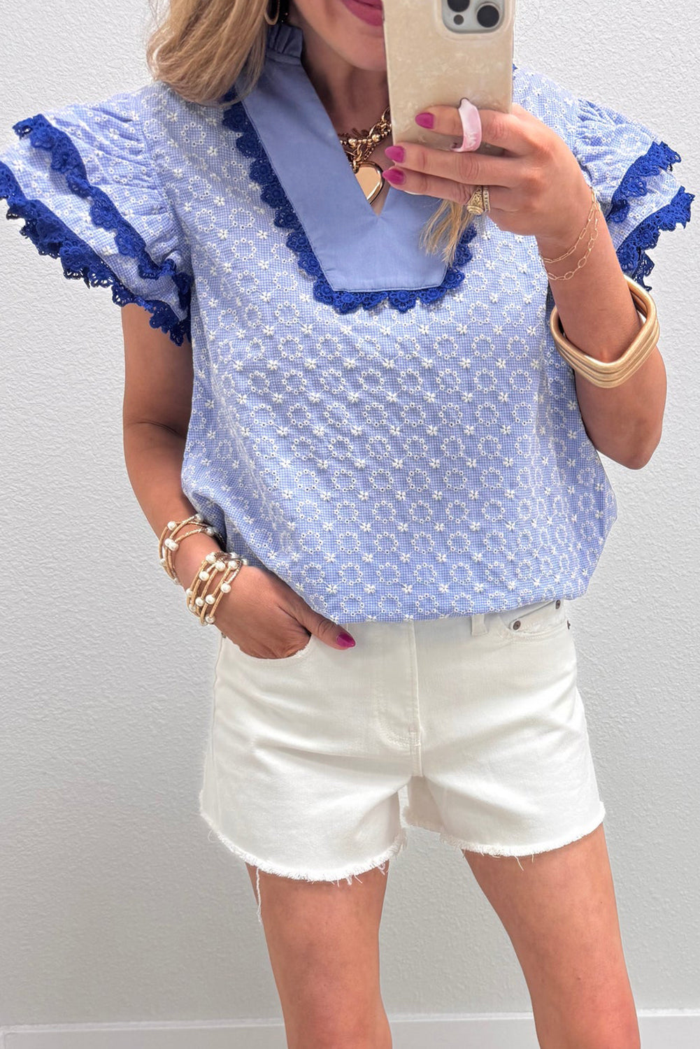 Beau Blue Eyelet Embroidered Flower Texture Contrast Lace Trim Flutter Sleeve Blouse