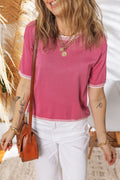Rose Red Contrast Striped Trim Round Neck Half Sleeve Sweater