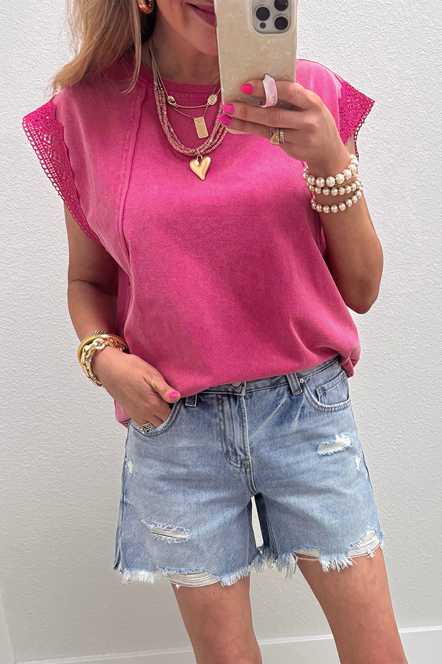 Pink Mineral Wash Raw Seam Detail Lace Trim Cap Sleeve Top