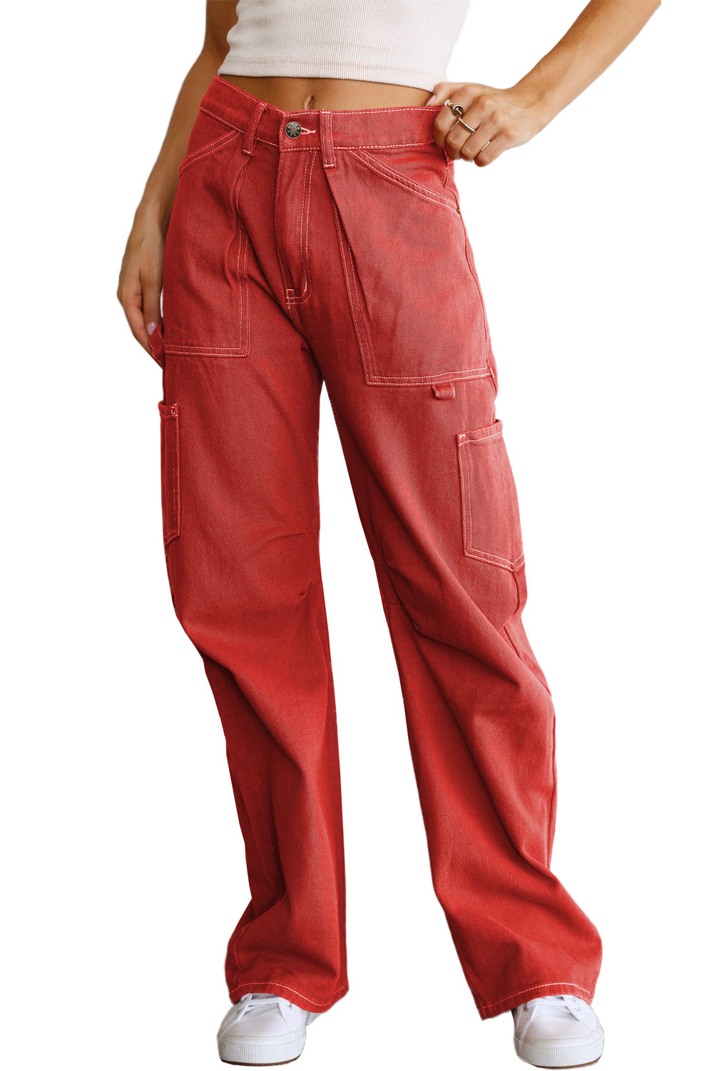Fiery Red High Waist Straight Leg Cargo Pants with Pockets