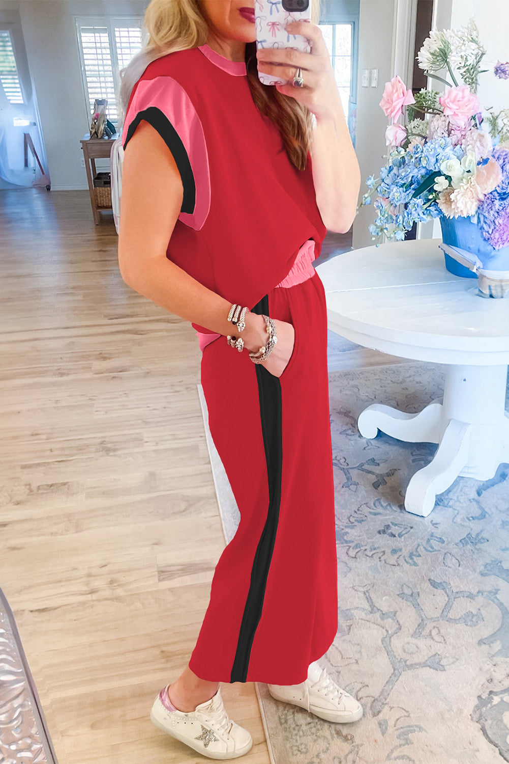 Racing Red Color Block Detail Casual Two-piece Set