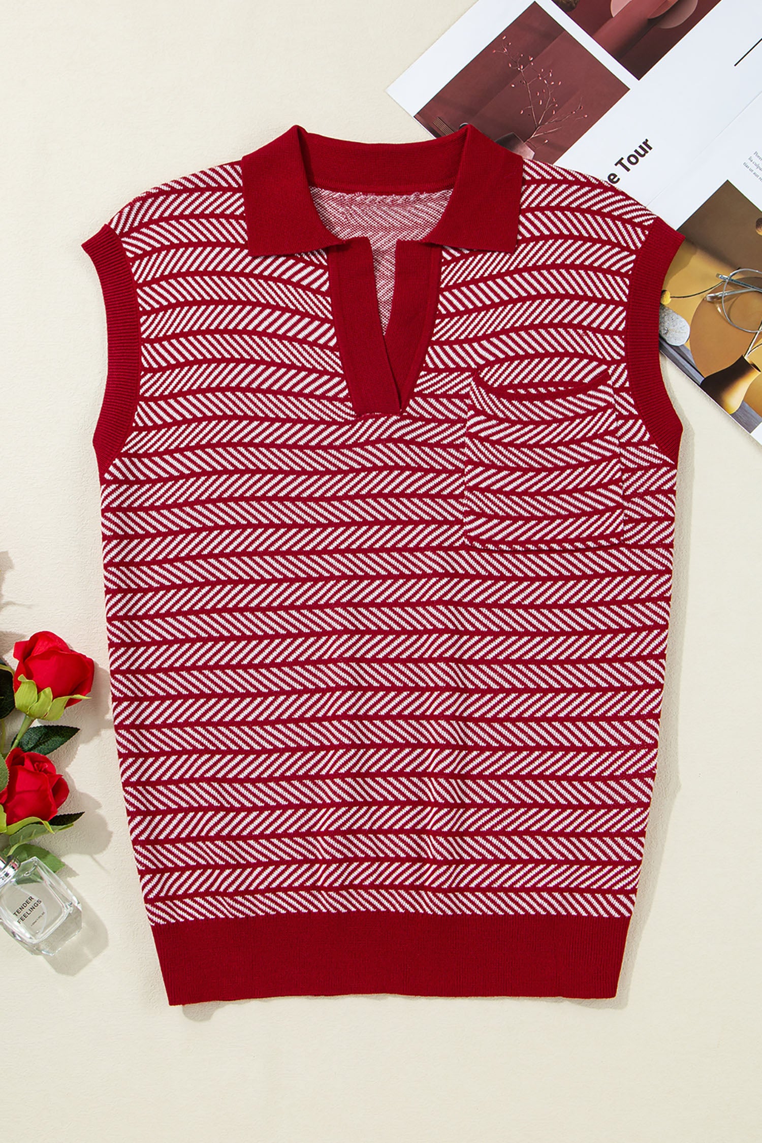 Red Stripe Contrast Trim Sleeveless Polo Collar Sweater