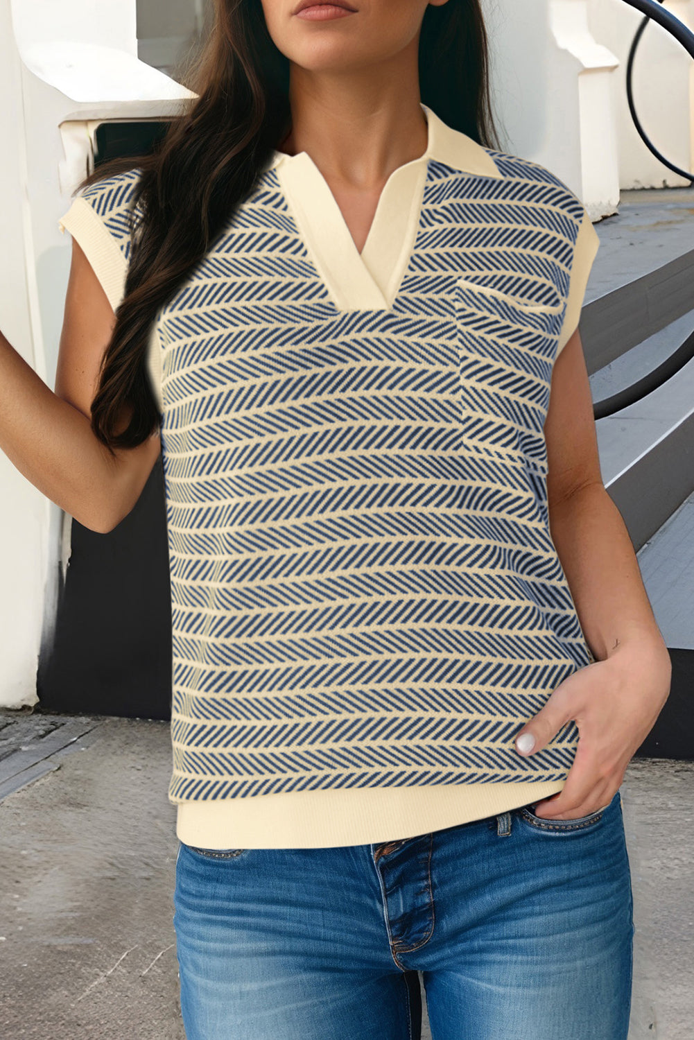 Navy Stripe Contrast Trim Sleeveless Polo Collar Sweater