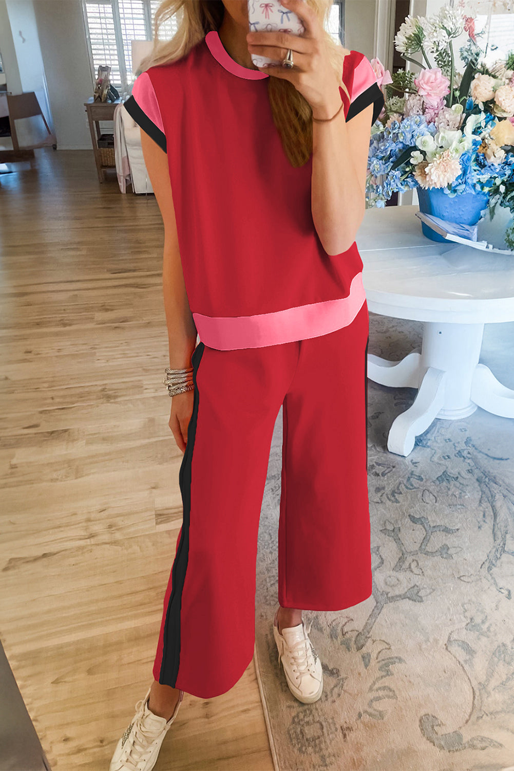 Racing Red Color Block Detail Casual Two-piece Set