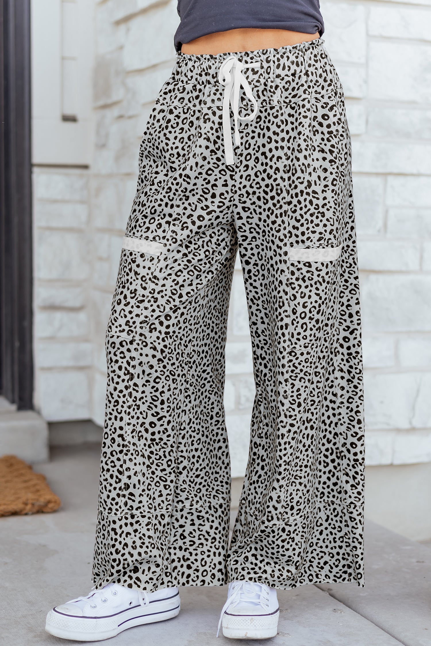 Gray Animal Print Wide Leg Terry Knit Pants
