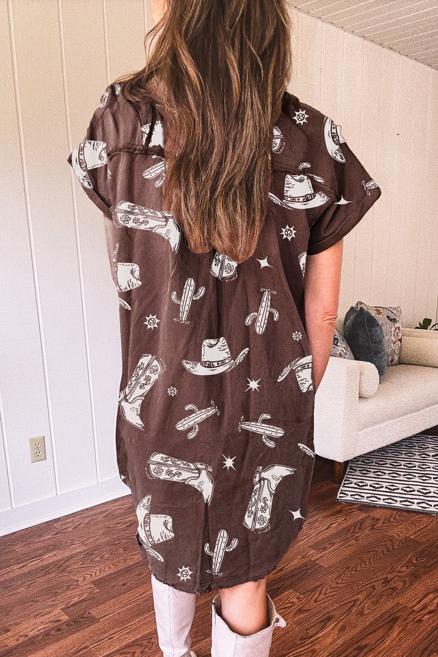 Brown Cowgirl Hats Boots Cactus Print Raw Edge Button Down Short Denim Dress