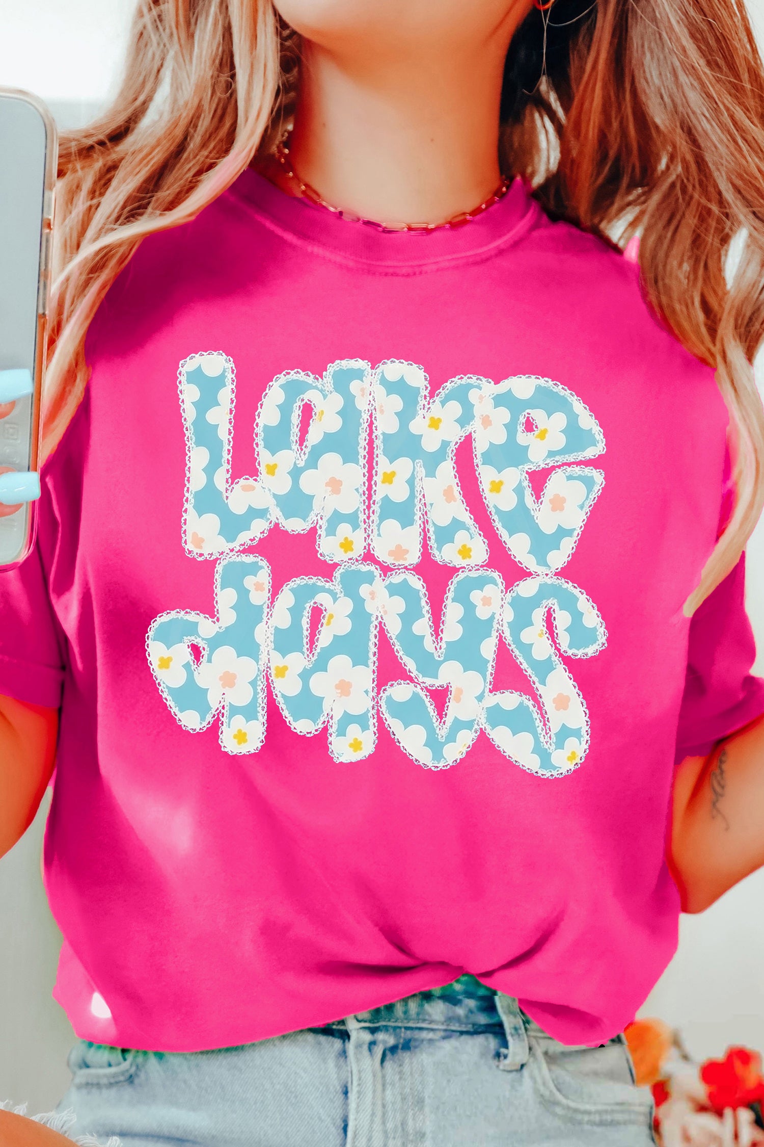 Rose Red LAKE DAYS Floral Lettering T Shirt