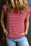 Red Stripe Contrast Trim Sleeveless Polo Collar Sweater