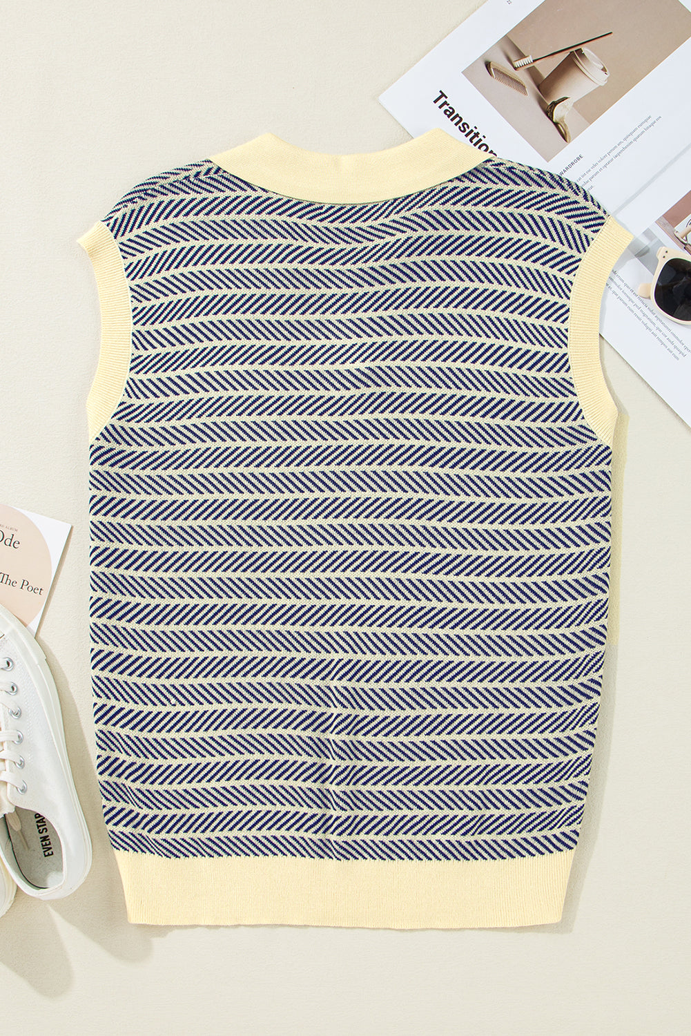 Navy Stripe Contrast Trim Sleeveless Polo Collar Sweater